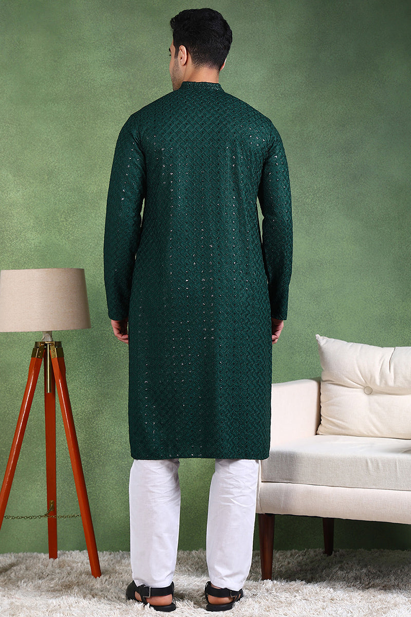 Ethnic Bay Green Viscose Rayon Solid Embroidered Straight Kurta For Men MKU1011GRN