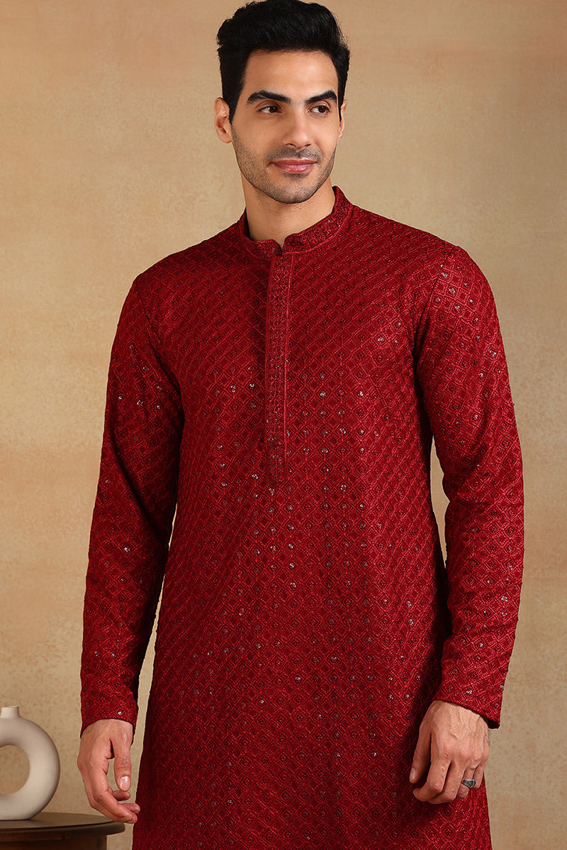 Ethnic Bay Maroon Viscose Rayon Solid Embroidered Straight Kurta For Men MKU1011MRN