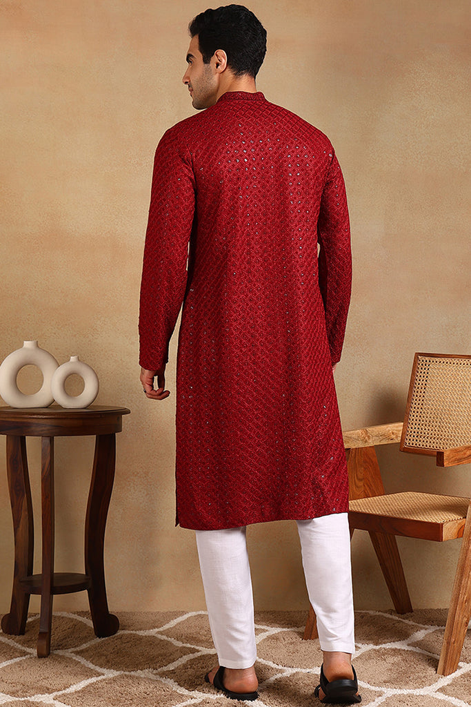 Ethnic Bay Maroon Viscose Rayon Solid Embroidered Straight Kurta For Men MKU1011MRN