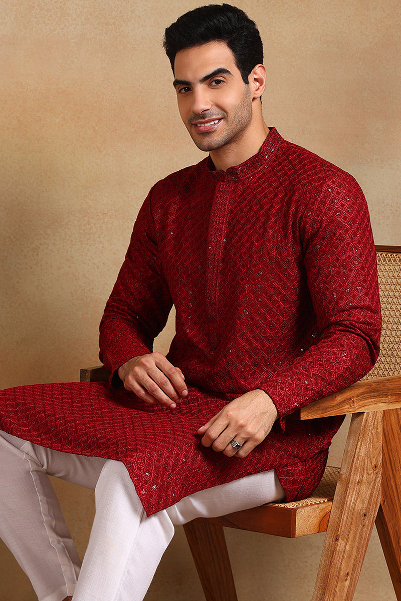 Ethnic Bay Maroon Viscose Rayon Solid Embroidered Straight Kurta For Men MKU1011MRN