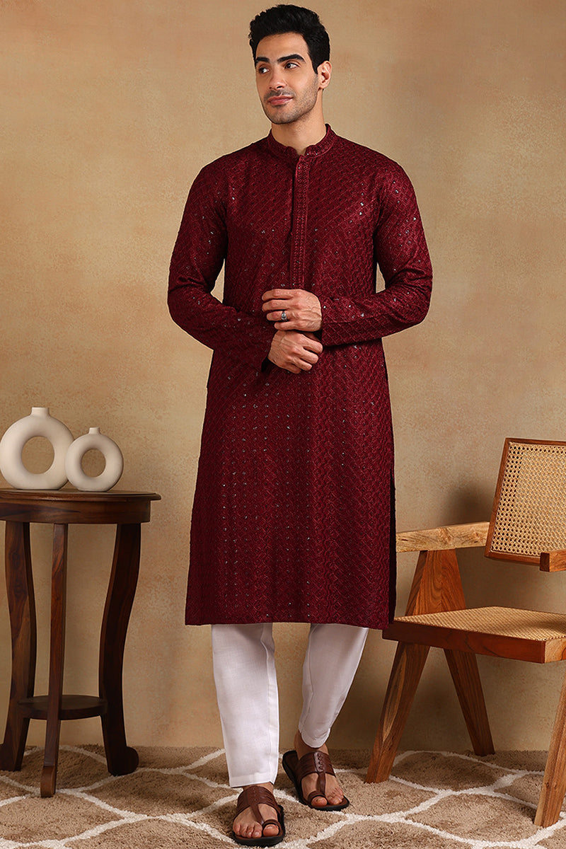 Ethnic Bay Wine Viscose Rayon Solid Embroidered Straight Kurta For Men MKU1011WIN