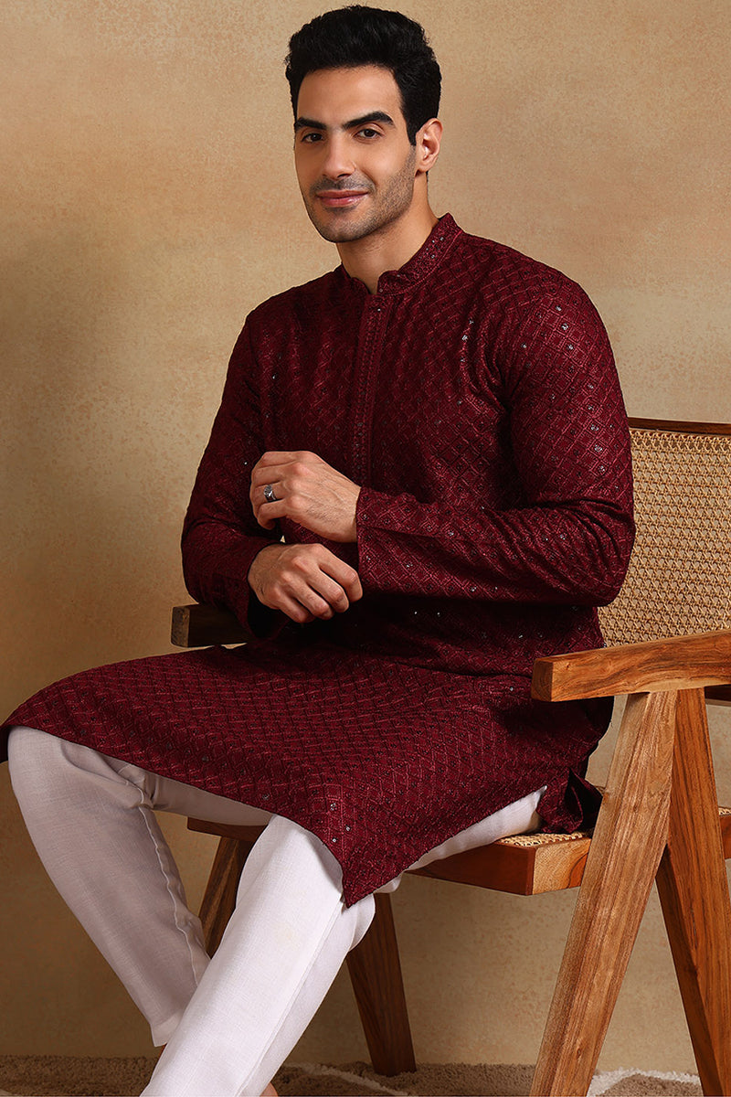 Ethnic Bay Wine Viscose Rayon Solid Embroidered Straight Kurta For Men MKU1011WIN