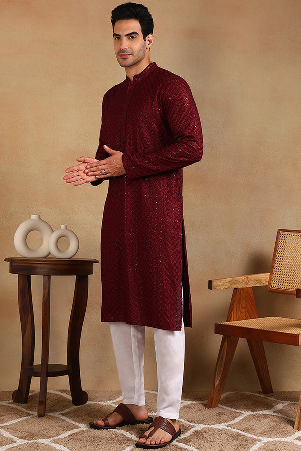 Wine Viscose Rayon Solid Embroidered Straight Kurta For Men MKU1011WIN