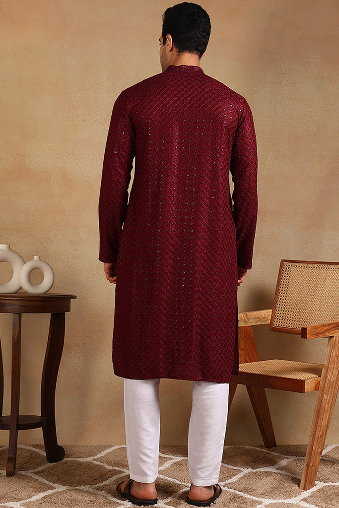 Ethnic Bay Wine Viscose Rayon Solid Embroidered Straight Kurta For Men MKU1011WIN