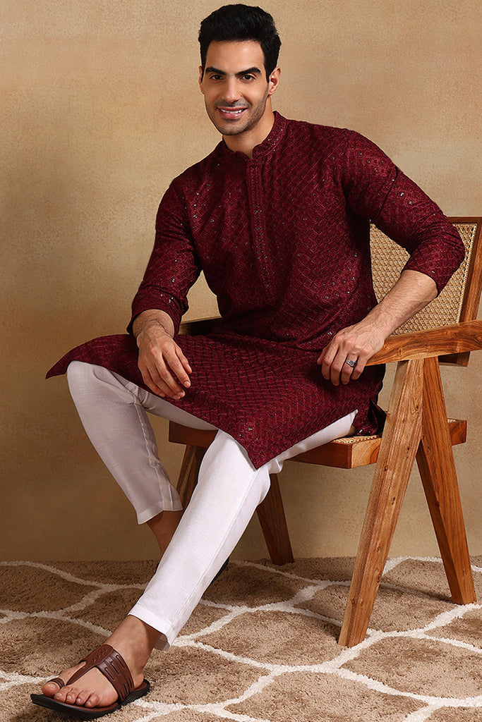 Ethnic Bay Wine Viscose Rayon Solid Embroidered Straight Kurta For Men MKU1011WIN