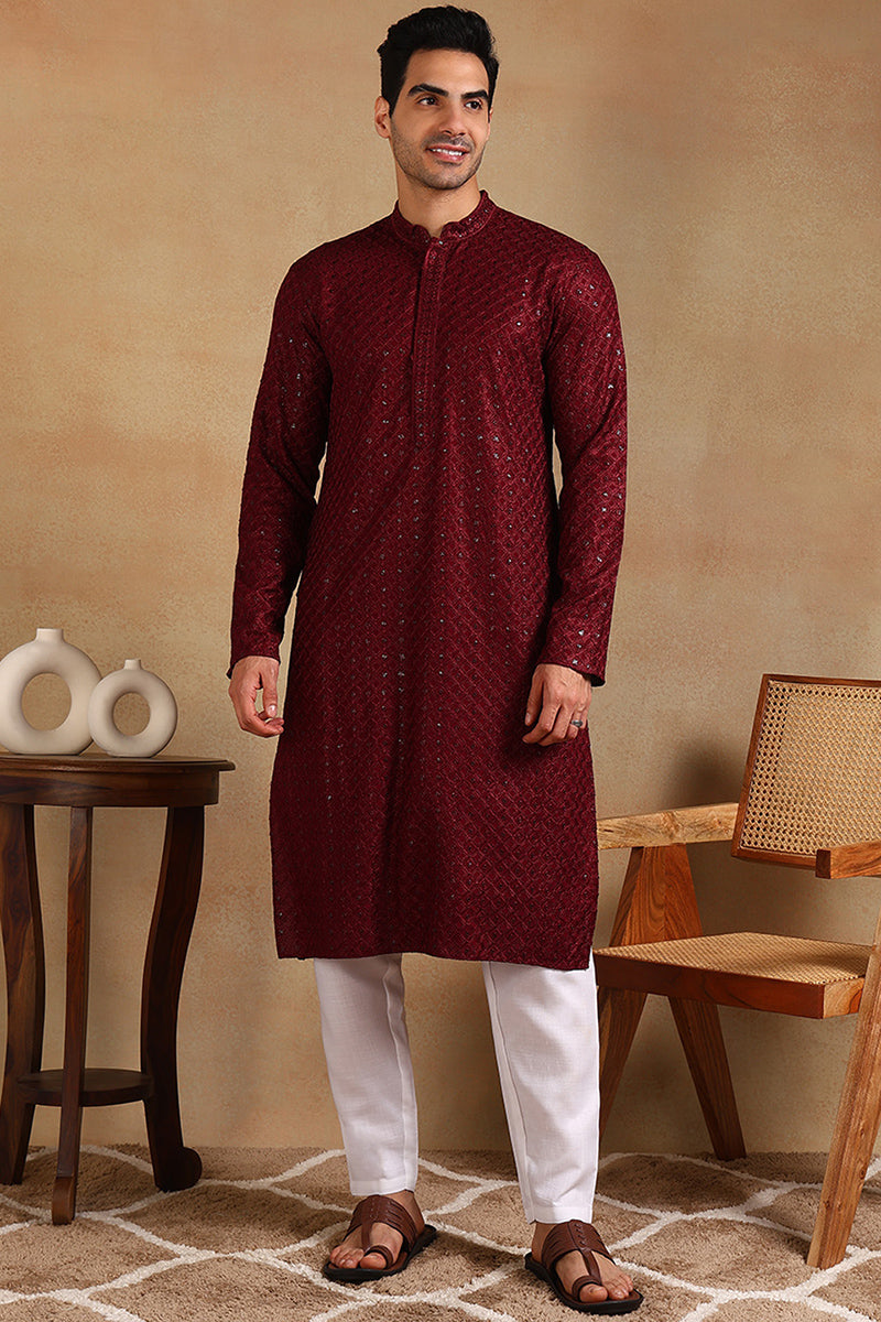 Ethnic Bay Wine Viscose Rayon Solid Embroidered Straight Kurta For Men MKU1011WIN