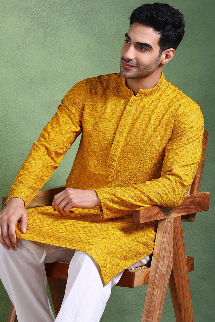 Ethnic Bay Mustard Viscose Rayon Solid Embroidered Straight Kurta For Men MKU1011YLW