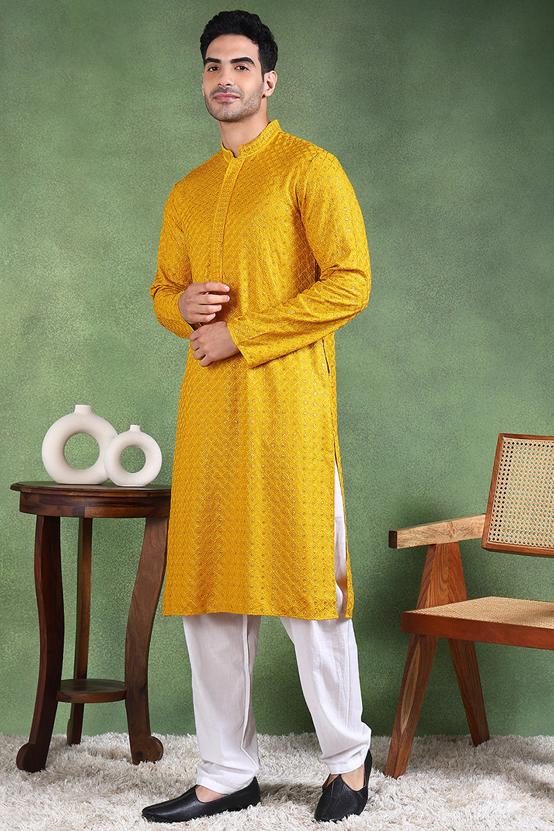 Ethnic Bay Mustard Viscose Rayon Solid Embroidered Straight Kurta For Men MKU1011YLW