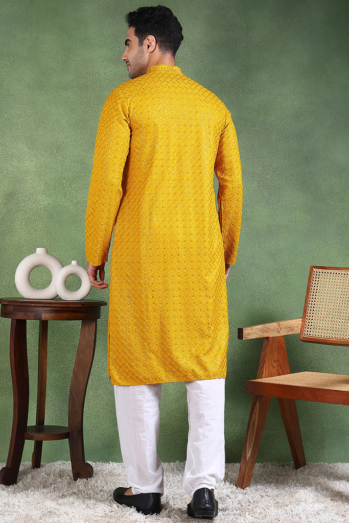 Ethnic Bay Mustard Viscose Rayon Solid Embroidered Straight Kurta For Men MKU1011YLW