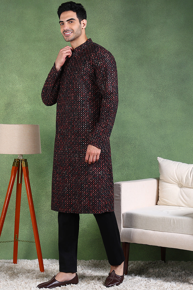 Ethnic Bay Black Viscose Rayon Ethnic Motifs Embroidered Straight Kurta For Men MKU1013BLK