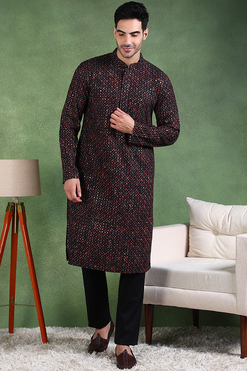 Ethnic Bay Black Viscose Rayon Ethnic Motifs Embroidered Straight Kurta For Men MKU1013BLK