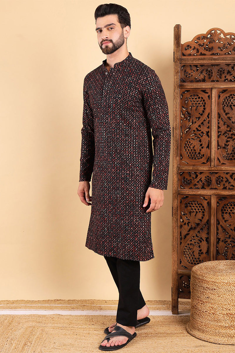 Ethnic Bay Black Viscose Rayon Ethnic Motifs Embroidered Straight Kurta For Men MKU1013BLK