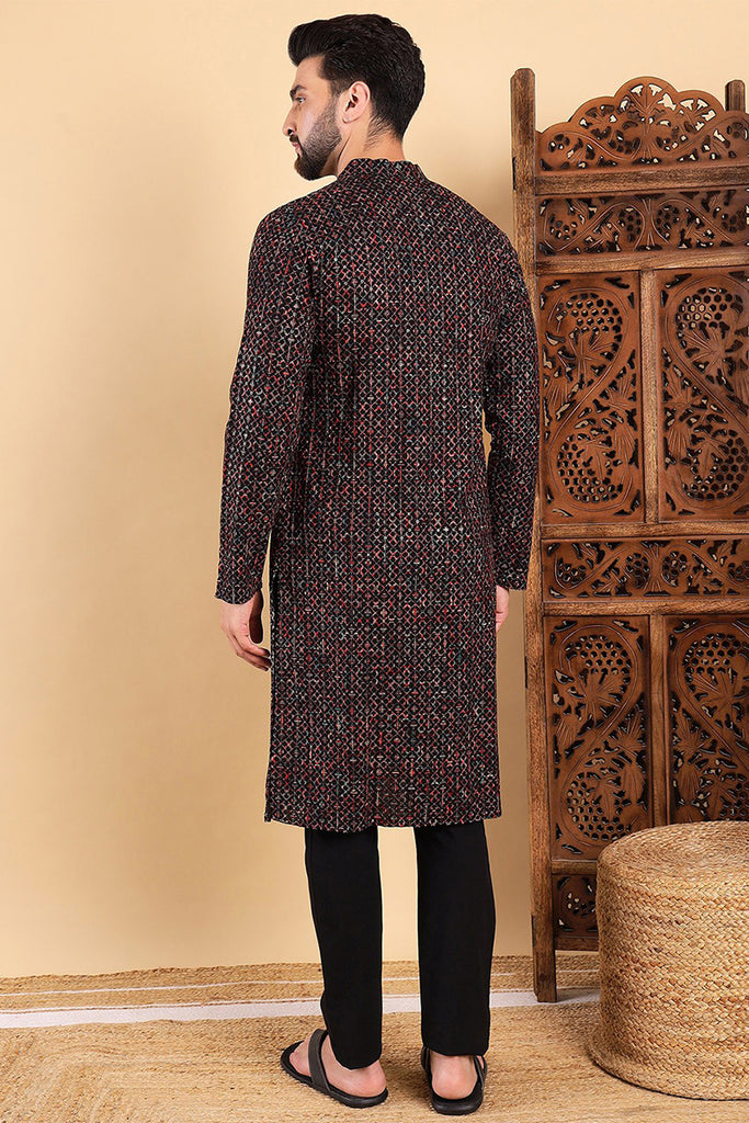 Ethnic Bay Black Viscose Rayon Ethnic Motifs Embroidered Straight Kurta For Men MKU1013BLK