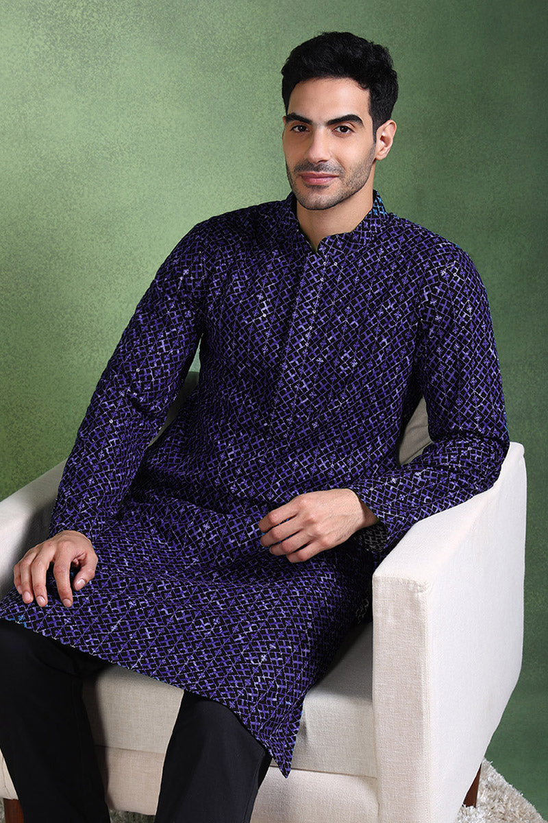 Ethnic Bay Blue Viscose Rayon Ethnic Motifs Embroidered Straight Kurta For Men MKU1013BLU