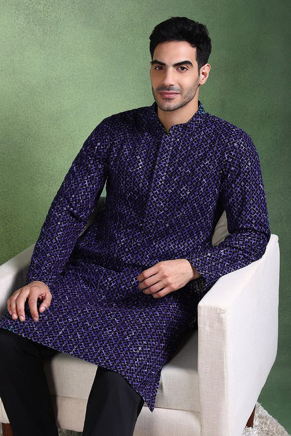 Ethnic Bay Blue Viscose Rayon Ethnic Motifs Embroidered Straight Kurta For Men MKU1013BLU