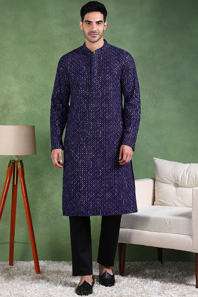 Ethnic Bay Blue Viscose Rayon Ethnic Motifs Embroidered Straight Kurta For Men MKU1013BLU