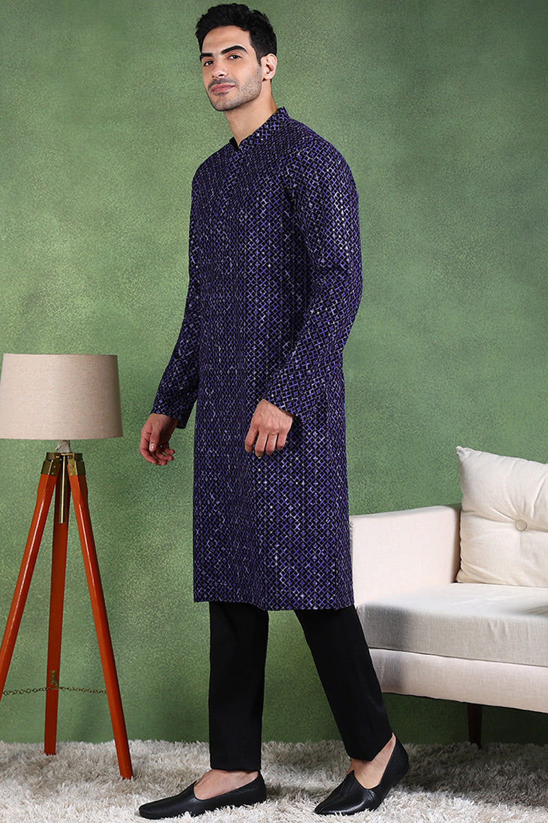 Ethnic Bay Blue Viscose Rayon Ethnic Motifs Embroidered Straight Kurta For Men MKU1013BLU