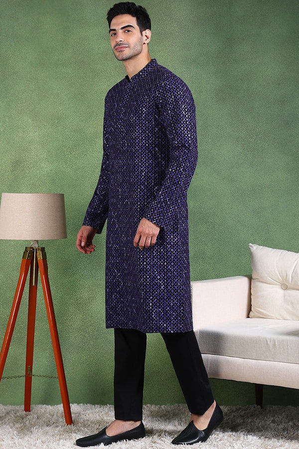 Ethnic Bay Blue Viscose Rayon Ethnic Motifs Embroidered Straight Kurta For Men MKU1013BLU