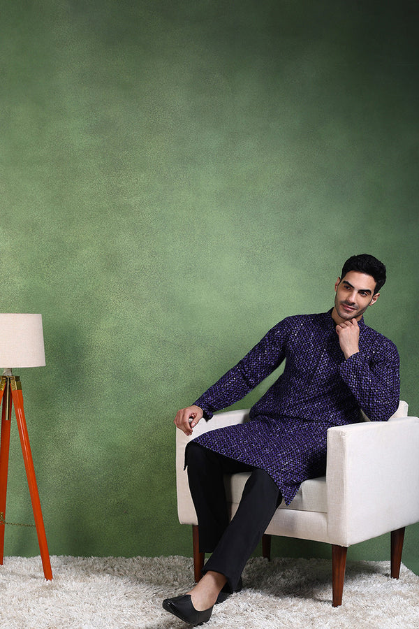 Ethnic Bay Blue Viscose Rayon Ethnic Motifs Embroidered Straight Kurta For Men MKU1013BLU