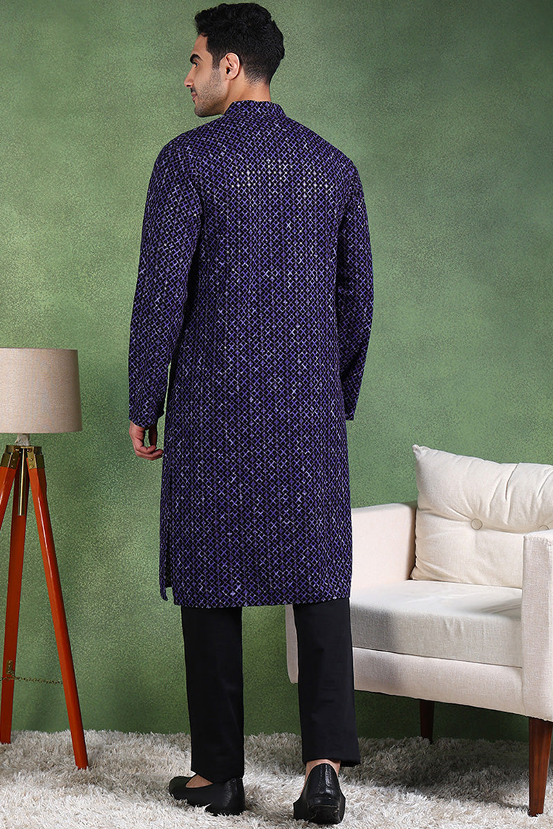 Ethnic Bay Blue Viscose Rayon Ethnic Motifs Embroidered Straight Kurta For Men MKU1013BLU
