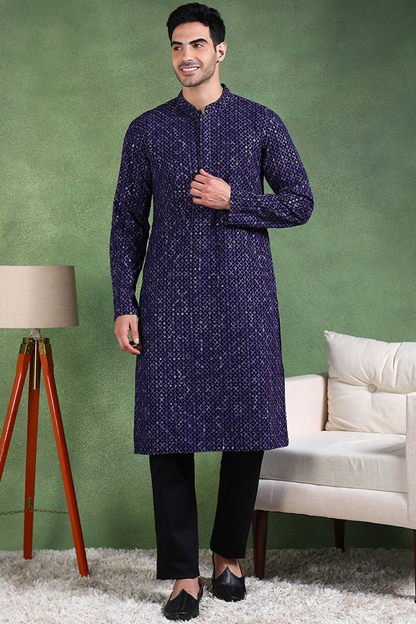 Ethnic Bay Blue Viscose Rayon Ethnic Motifs Embroidered Straight Kurta For Men MKU1013BLU