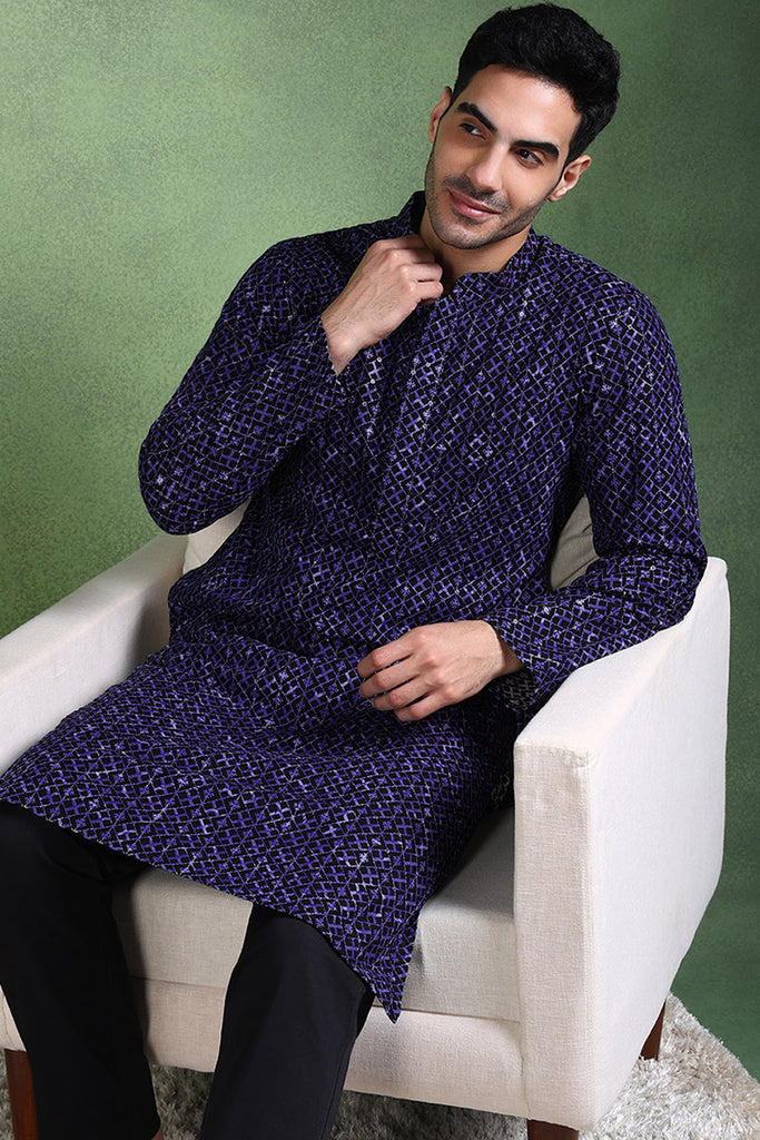 Ethnic Bay Blue Viscose Rayon Ethnic Motifs Embroidered Straight Kurta For Men MKU1013BLU