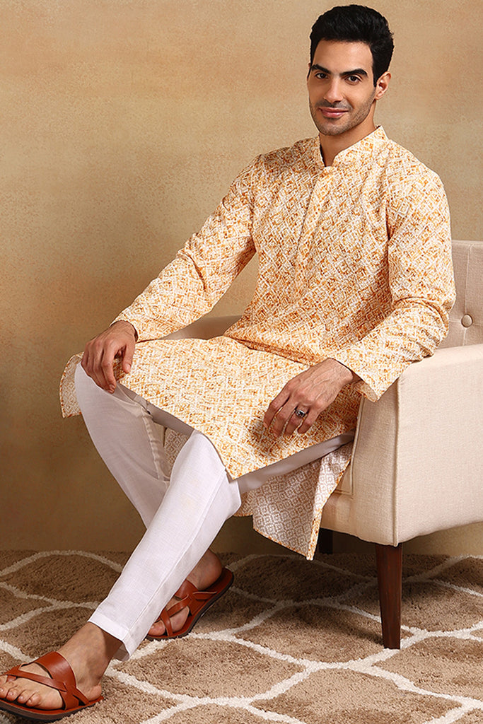 Ethnic Bay Yellow Viscose Rayon Geometric Embroidered Straight Kurta For Men MKU1015YLW