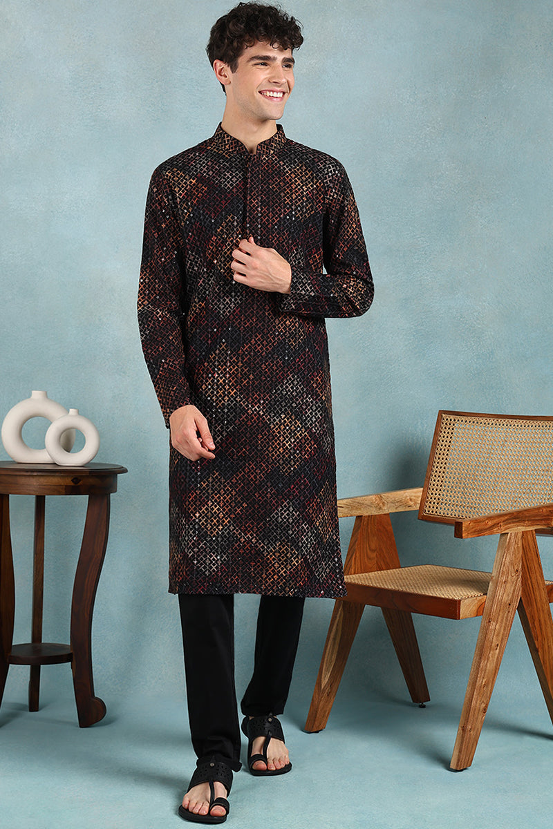 Ethnic Bay Black Viscose Rayon Ethnic Motifs Embroidered Straight Kurta For Men MKU1020BLK