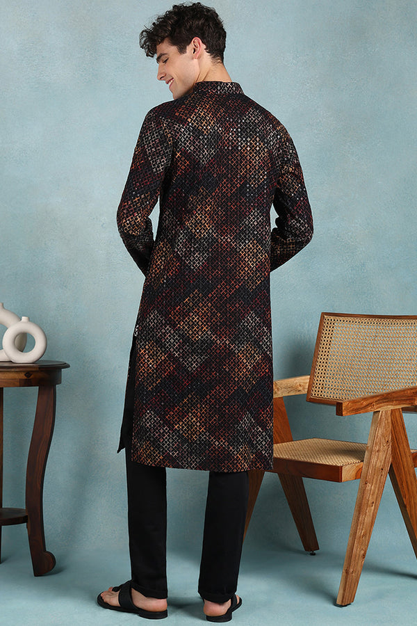 Black Viscose Rayon Ethnic Motifs Embroidered Straight Kurta For Men MKU1020BLK