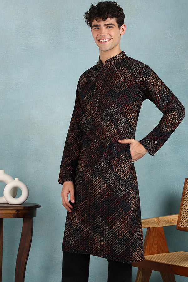 Black Viscose Rayon Ethnic Motifs Embroidered Straight Kurta For Men MKU1020BLK