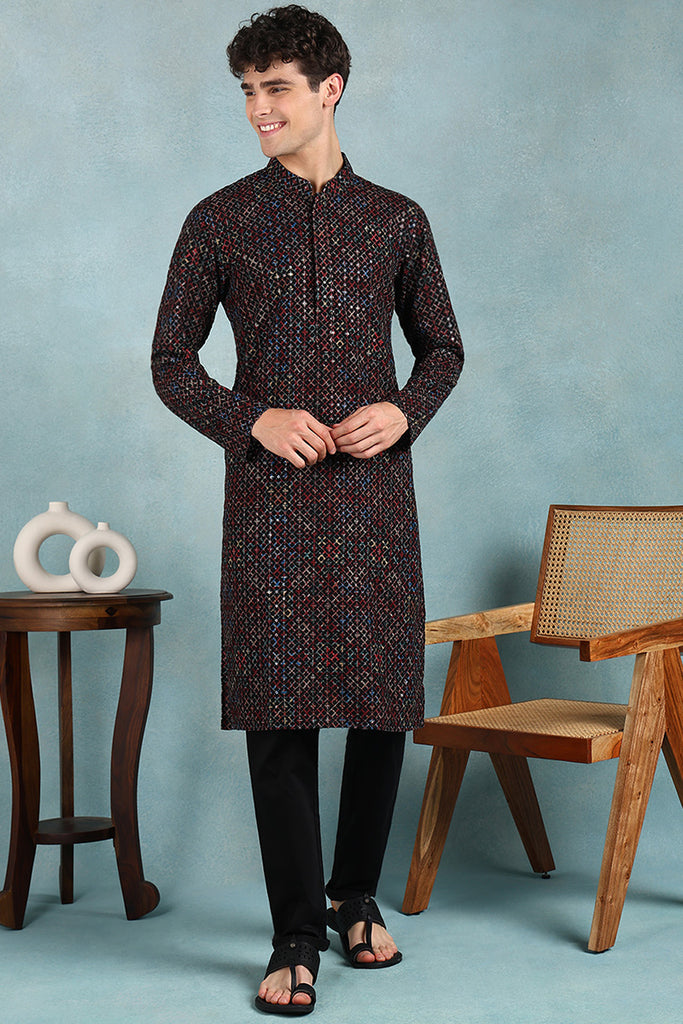 Ethnic Bay Black Viscose Rayon Ethnic Motifs Embroidered Straight Kurta For Men MKU1021BLK