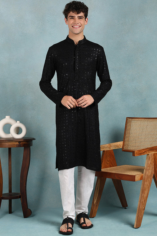 Ethnic Bay Black Viscose Rayon Solid Embroidered Straight Kurta For Men MKU1022BLK