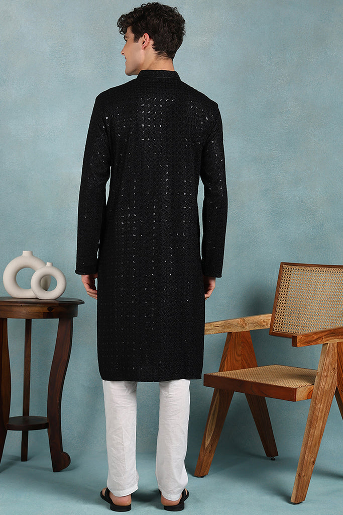 Ethnic Bay Black Viscose Rayon Solid Embroidered Straight Kurta For Men MKU1022BLK