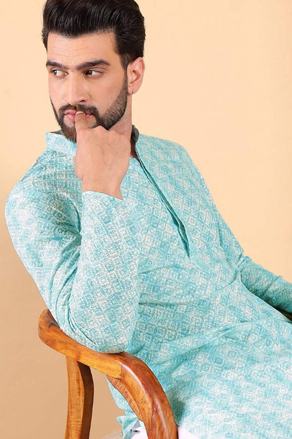 Ethnic Bay Turquoise Blue Viscose Rayon Geometric Embroidered Straight Kurta For Men MKU1022BLU
