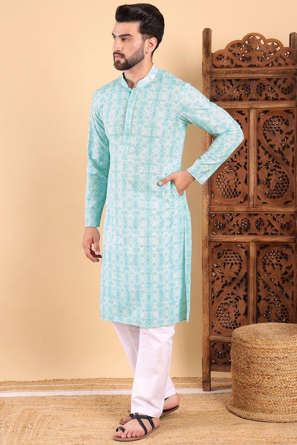 Ethnic Bay Turquoise Blue Viscose Rayon Geometric Embroidered Straight Kurta For Men MKU1022BLU