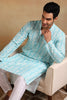 Ethnic Bay Turquoise Blue Viscose Rayon Geometric Embroidered Straight Kurta For Men MKU1022BLU