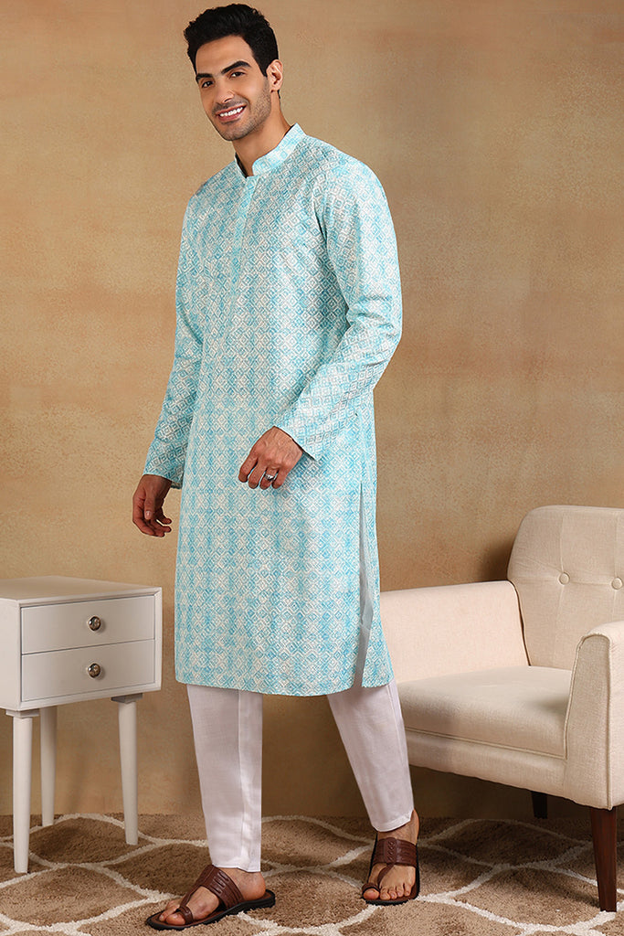 Ethnic Bay Turquoise Blue Viscose Rayon Geometric Embroidered Straight Kurta For Men MKU1022BLU