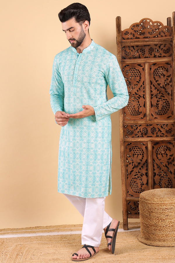 Ethnic Bay Turquoise Blue Viscose Rayon Geometric Embroidered Straight Kurta For Men MKU1022BLU