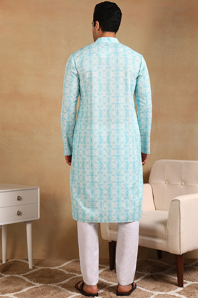 Ethnic Bay Turquoise Blue Viscose Rayon Geometric Embroidered Straight Kurta For Men MKU1022BLU