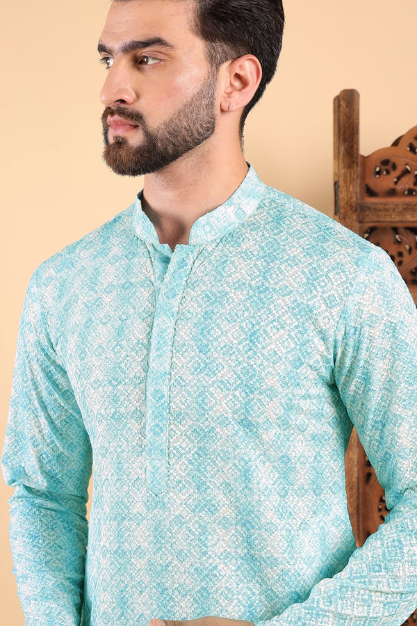 Ethnic Bay Turquoise Blue Viscose Rayon Geometric Embroidered Straight Kurta For Men MKU1022BLU