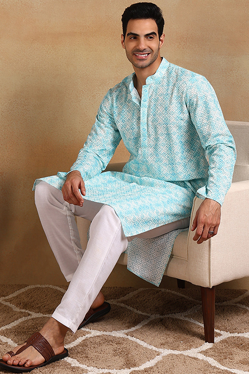 Ethnic Bay Turquoise Blue Viscose Rayon Geometric Embroidered Straight Kurta For Men MKU1022BLU