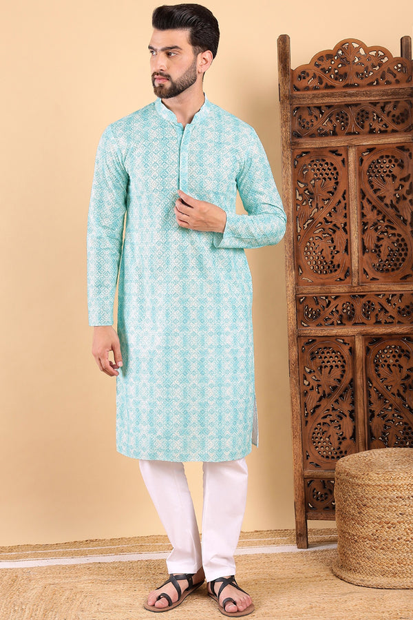 Ethnic Bay Turquoise Blue Viscose Rayon Geometric Embroidered Straight Kurta For Men MKU1022BLU
