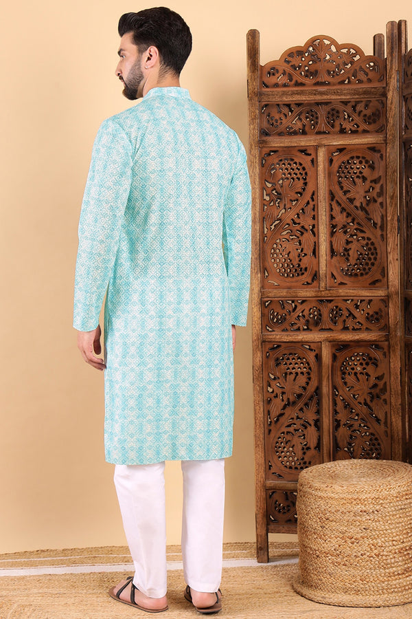 Ethnic Bay Turquoise Blue Viscose Rayon Geometric Embroidered Straight Kurta For Men MKU1022BLU