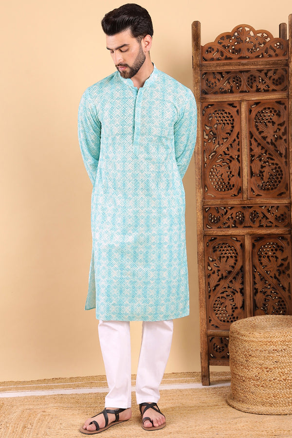 Ethnic Bay Turquoise Blue Viscose Rayon Geometric Embroidered Straight Kurta For Men MKU1022BLU