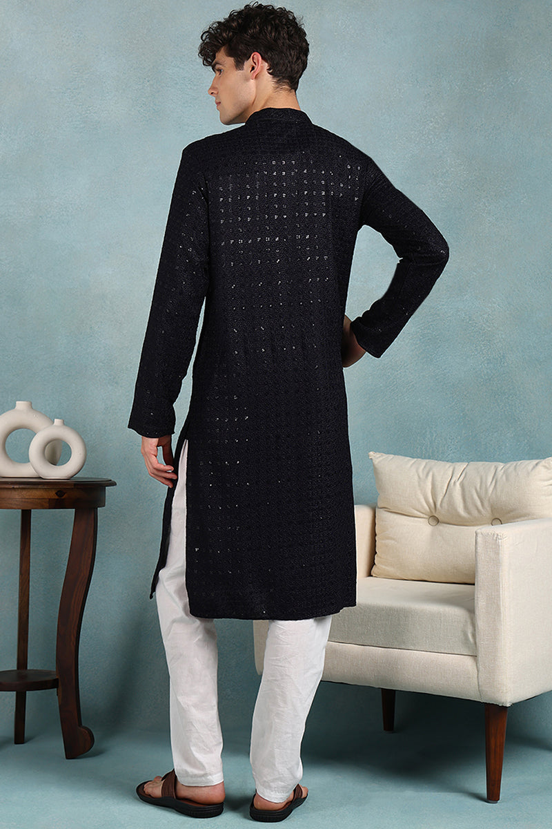 Ethnic Bay Navy Blue Viscose Rayon Solid Embroidered Straight Kurta For Men MKU1022DBLU