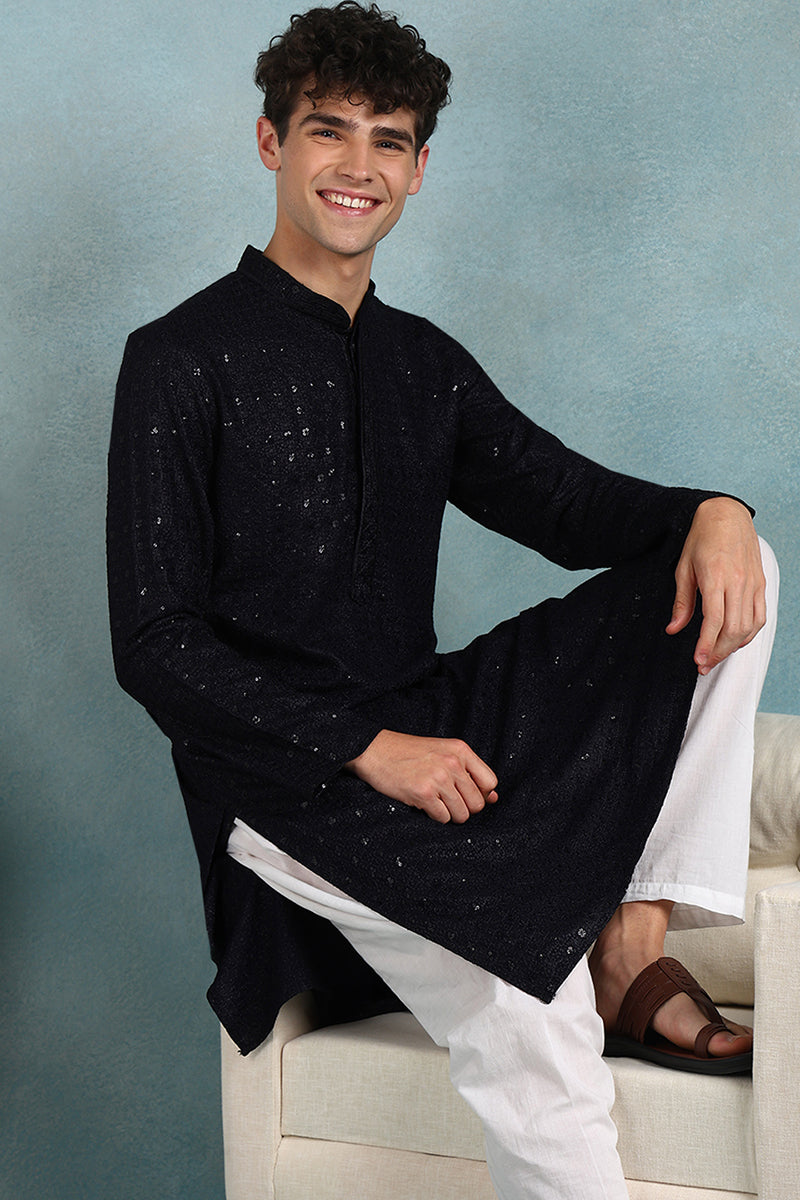 Ethnic Bay Navy Blue Viscose Rayon Solid Embroidered Straight Kurta For Men MKU1022DBLU