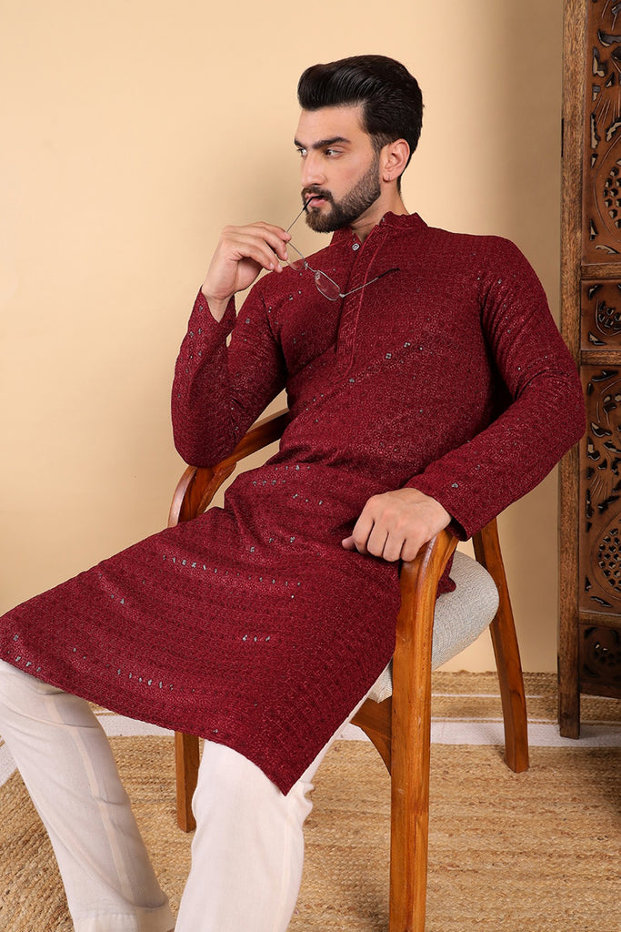 Ethnic Bay Maroon Viscose Rayon Solid Embroidered Straight Kurta For Men MKU1022MRN