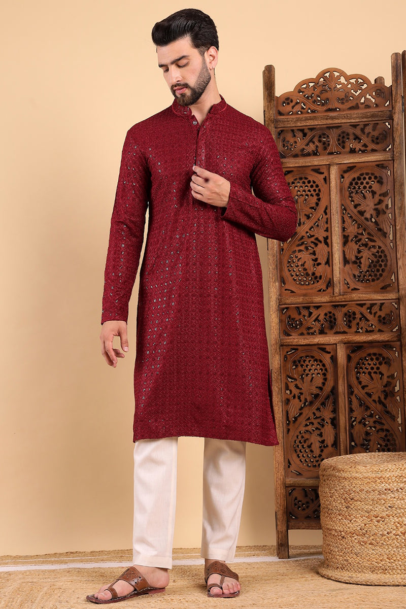 Ethnic Bay Maroon Viscose Rayon Solid Embroidered Straight Kurta For Men MKU1022MRN