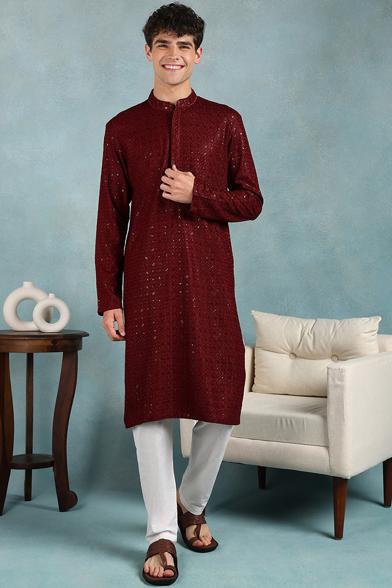 Ethnic Bay Maroon Viscose Rayon Solid Embroidered Straight Kurta For Men MKU1022MRN