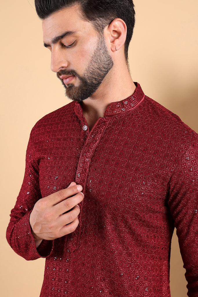 Ethnic Bay Maroon Viscose Rayon Solid Embroidered Straight Kurta For Men MKU1022MRN